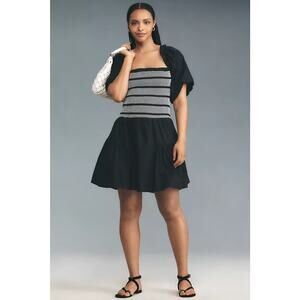 NWT By Anthropologie Puff-Sleeve Square-Neck Smocked Mini Dress $158 SMALL Black